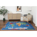 Kids Collection Discover The World Navy Area Rug 5'x'7' 5" X 7" Blue Graphic Tween Patterned Rectangle Cotton Polyester Rubber Latex Free Washable