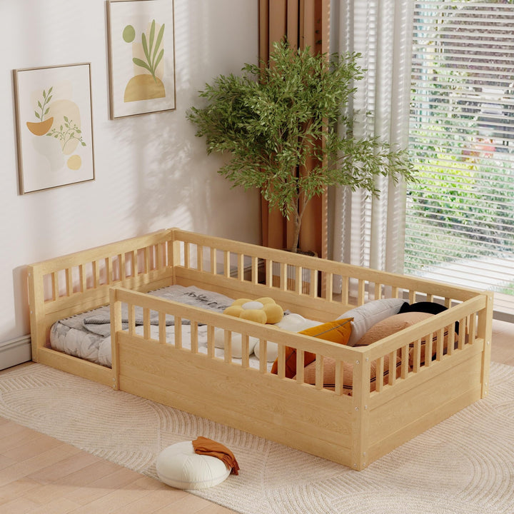 Twin Size Wood Kids Floor Beds Frame with Fence and High Guardrails