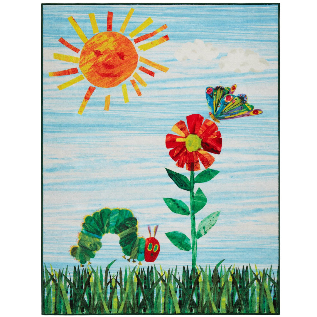 Eric Carle "The Very Hungry Caterpillar Elementary Sun Scene Kids Machine Washable Area Rug, Blue/Green, 6'6"x9'5"