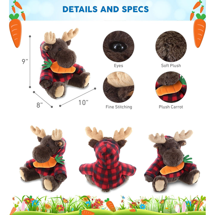 Happy Easter Plush Moose with Red Plaid Hoodie and Carrot 10 Inches