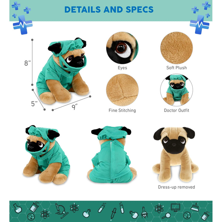 Pug Dog Doctor Plush with Cute Scrub Uniform and Cap Outfit 8 Inches