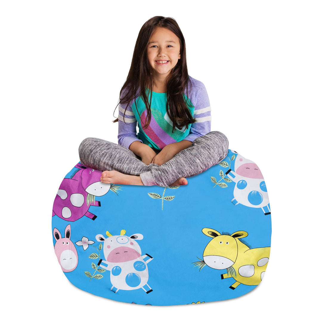 Posh Stuffable Kids Stuffed Animal Storage Bean Bag Chair Cover - Childrens Toy Organizer, Large 38" - Canvas Farm Blue