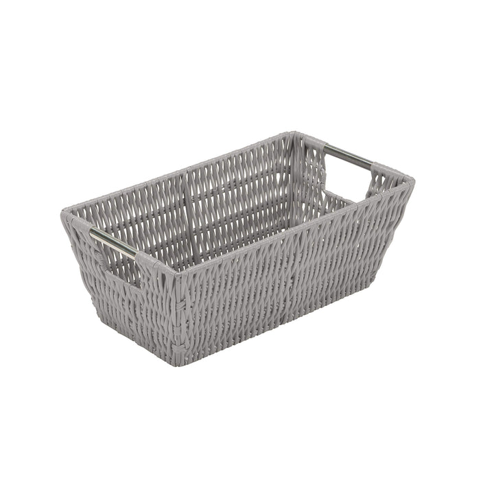 Simplify 11"x6.5"x4.5" Small Shelf Storage Woven Basket with Handles, Nursery, Playroom, Toys, Bedroom, Closet, Clothes, Office, Decorative Rattan Totes, Grey