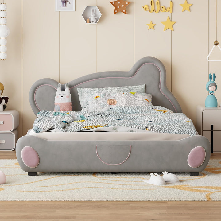 Queen Velvet Platform Bed Frame with Bear-Shaped Headboard Bed-end