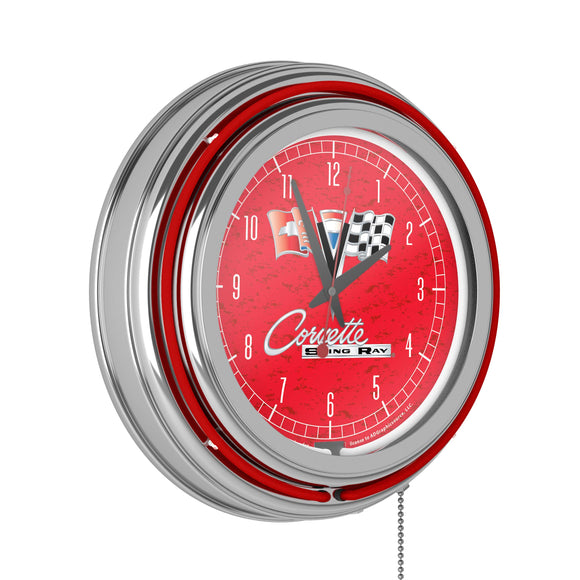 Corvette C2 Red Chrome Double Ring Neon Clock