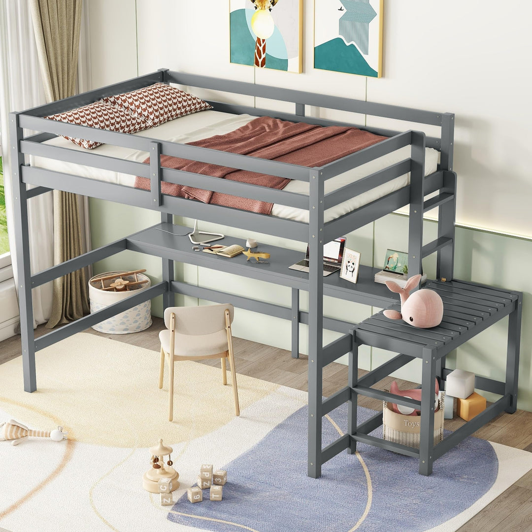 Full Size Pine Wood Loft Bed Frame with Built-in Desk Ladders