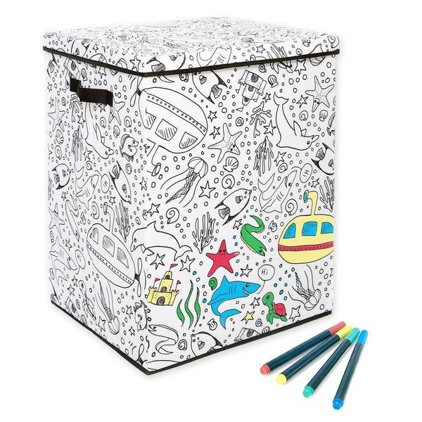 BAUM Kid's Storage Coloring Lidded Hamper with 4-Pack Washable Markers, Under Sea Print