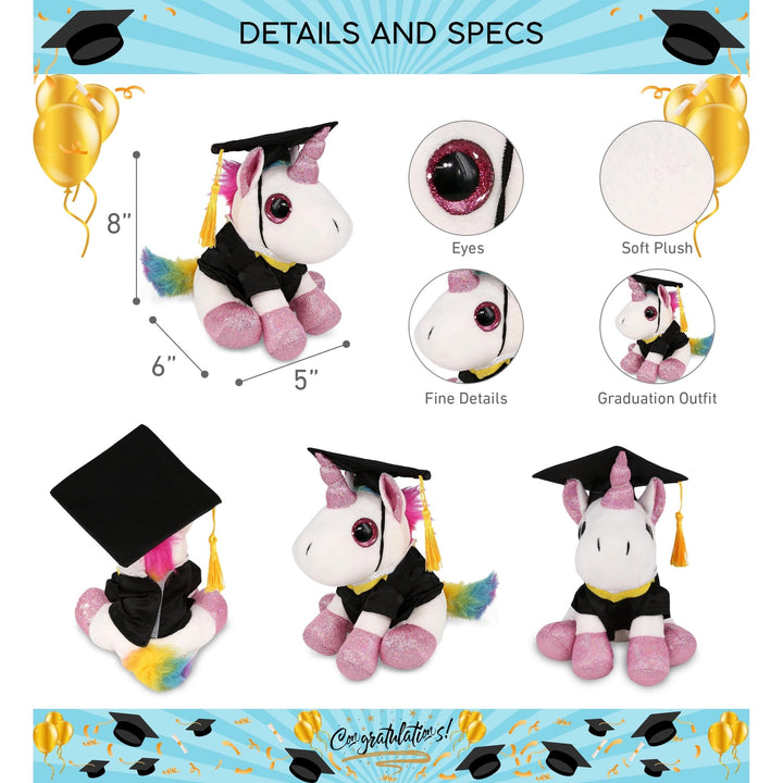 Sparkle Eyes White Unicorn Graduation Plush with Gown and Cap 8 Inches