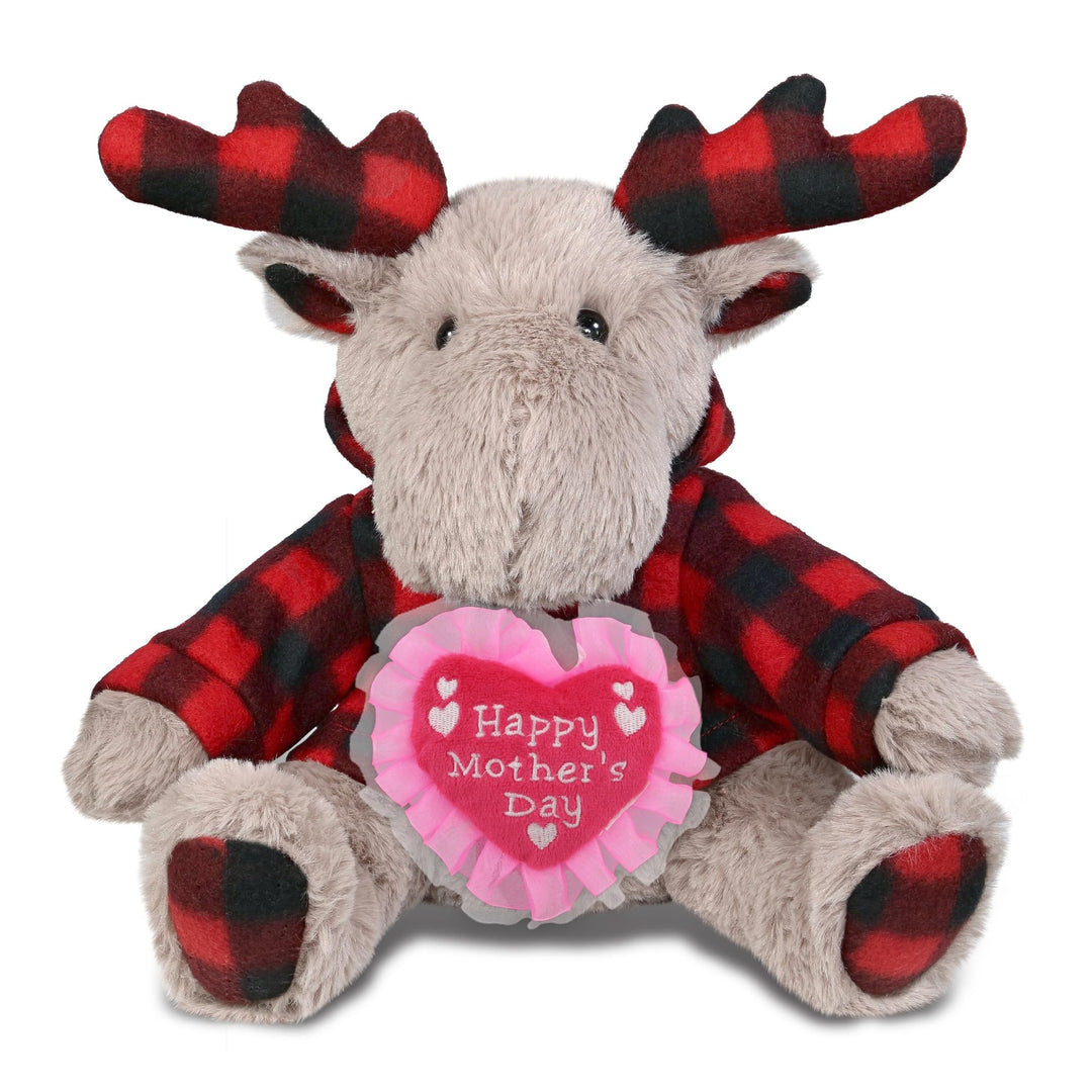 Plush Plaid Beige Moose with Hoodie 10 Inches Black Red Polyester