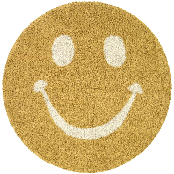 Smiley Face Kids Shag Area Rug 5'3" Round Cream White Yellow Novelty