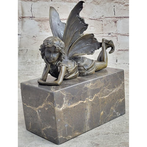 Fairy Child Young Girl Laying Down in Thought Bronze Metal Figure Statue Sculpture Marble Base Brown Finish Handmade