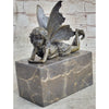 Fairy Child Young Girl Laying Down in Thought Bronze Metal Figure Statue Sculpture Marble Base Brown Finish Handmade