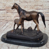 Bronze Sculpture Figurine W/Her Baby Horse Stallion Farm Art Brown