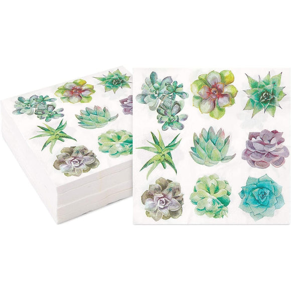 Succulent Paper Napkins for Birthday Party (6.5 in Pack) White Floral Square Bamboo