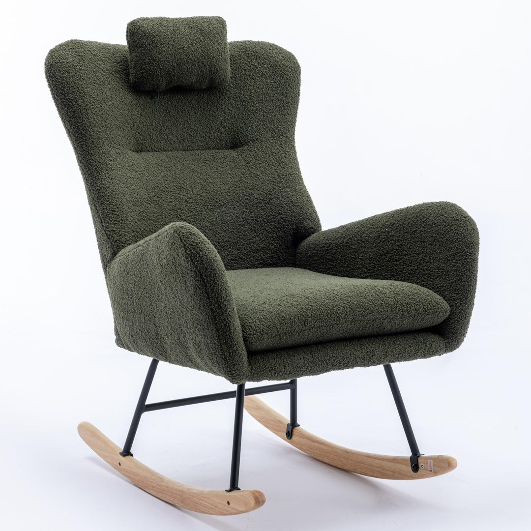 Rocking Chair Nursery Modern Armchair W/headrest Comfy Wingback Rocker Glider for Living Room Dark Green Solid Classic Contemporary Fabric Padded Seat Wood