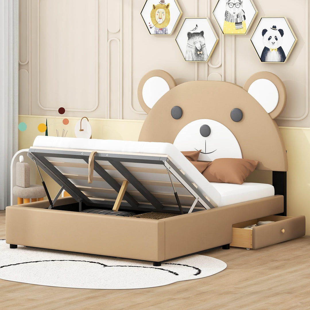 Twin Size Upholstery Platform Bed Frame with Cute Bear Shaped