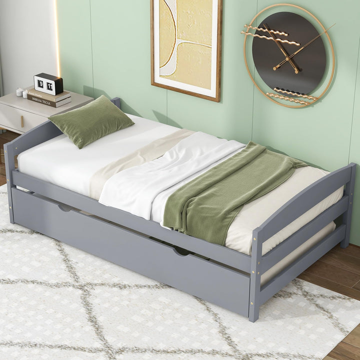 Modern Simple Twin Size Platform Bed with Trundle Wood Frame for Kids Teens Boys Or Girls Easy Assembly Gray Grey Mission Craftsman Contemporary Unisex Nature Sports