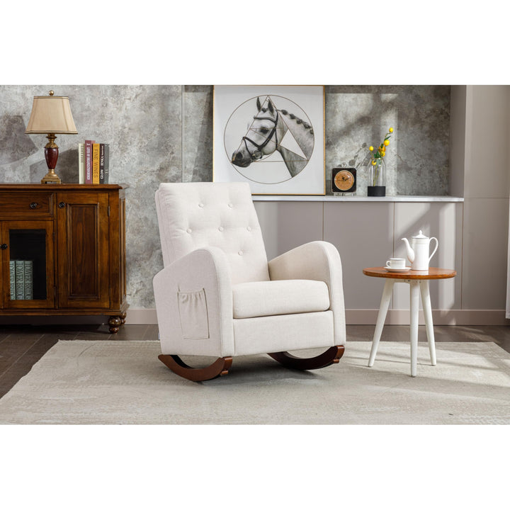 Single Reading Chair Beige Baby Room Rocking High Backrest Armchair Solid Mid-Century Modern Polyester Padded Seat