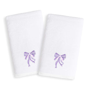 Sweet Kids Purple Bow Embroidered White Turkish Cotton Hand Towels (Set of 2) Novelty