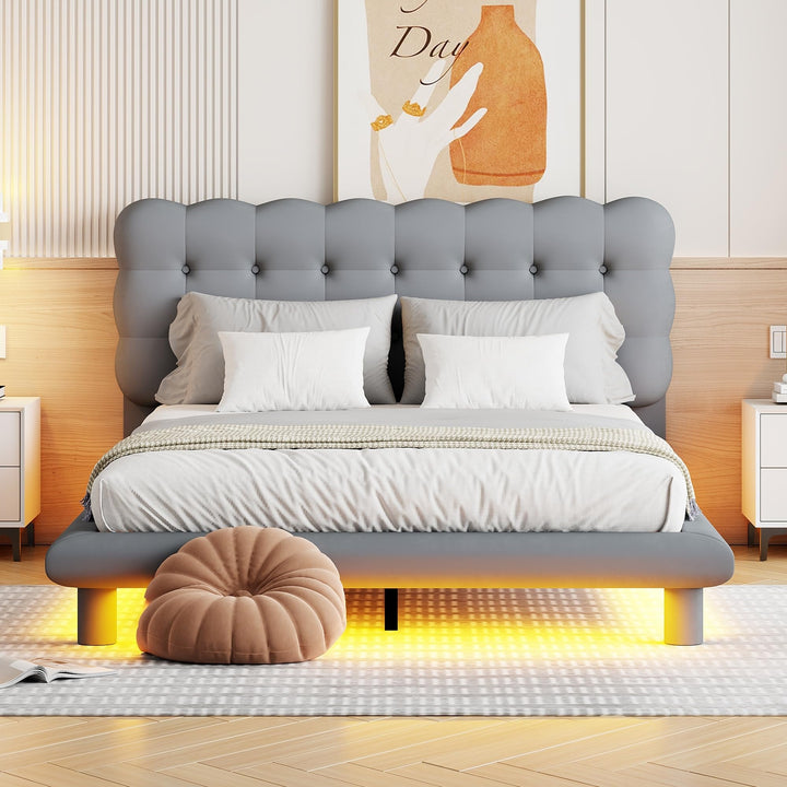 Queen Velvet Platform Bed with Led Frame Button-Tufted Design