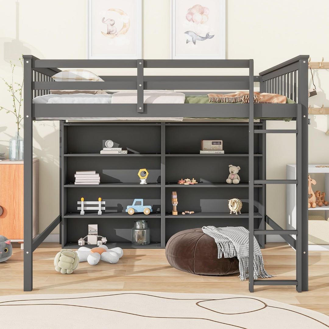 Gray Wooden Full High Loft Bed with 8 Open Storage Shelves Built-in