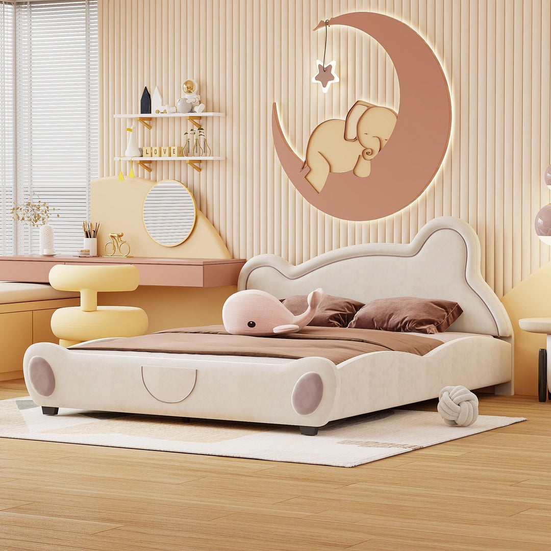 Queen Size Kids Upholstered Bed Bear-Shaped Frame Beige Mission Modern Contemporary Unisex Construction Fairytale MDF Headboard Included Includes Hardware