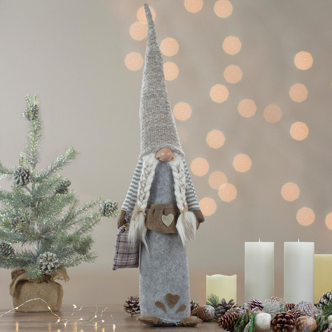 27" Gray and Beige Girl Christmas Gnome with Plaid Toy Sack Figure