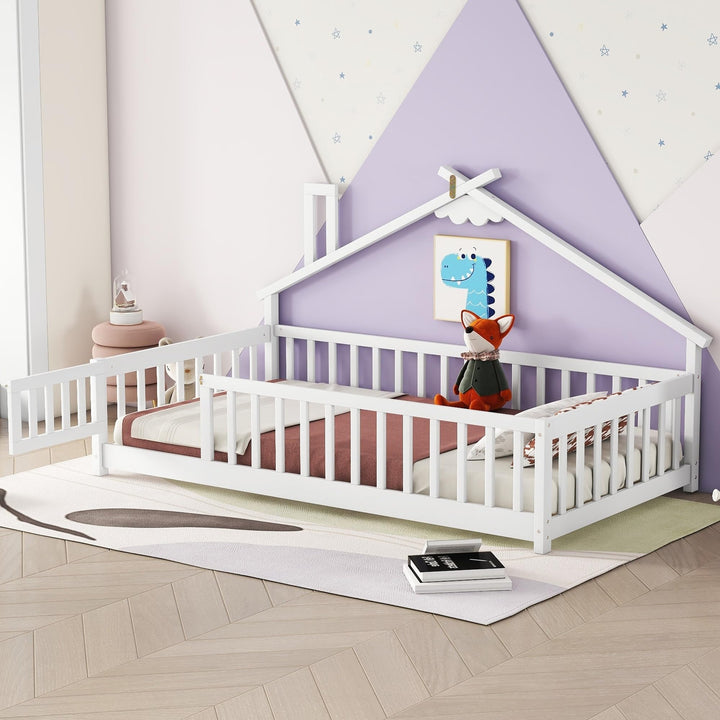 Twin Pine Wood House-Shaped Bedside Floor Bed with Guardrails Door Kids Girls Boys Frame No Need Spring Box White Modern Contemporary Unisex Nature Natural Finish