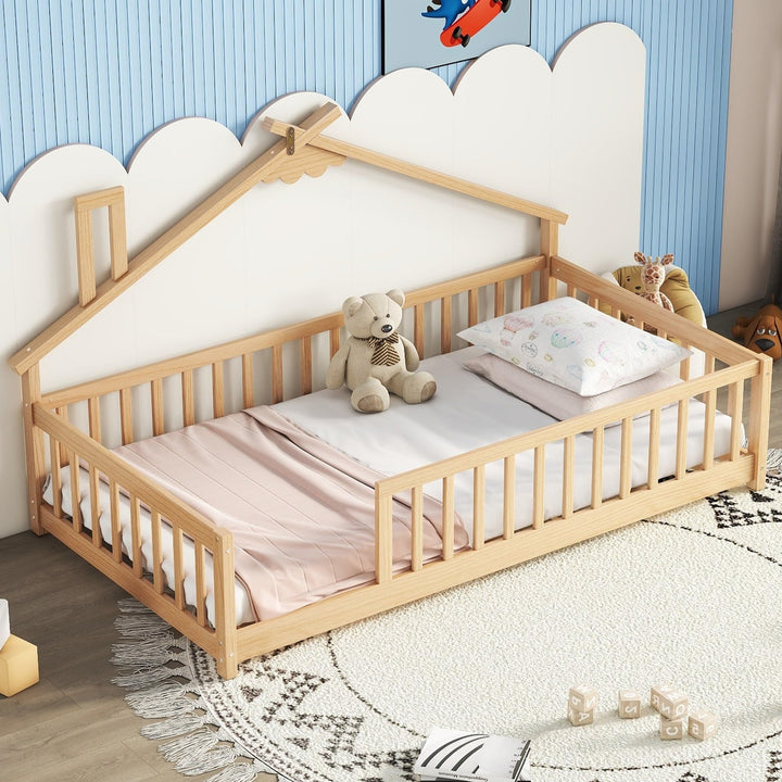 Twin Pine Wood House-Shaped Bedside Floor Bed with Guardrails Kids Girls Boys Frame No Need Spring Box Natural Modern Contemporary Unisex Nature Finish Handmade Includes Hardware