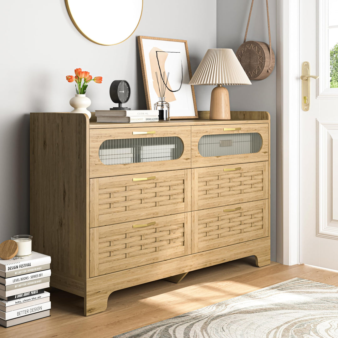 Wood 6 Drawer Dresser Large Double with Wide Drawers Modern Chest of Storage Organizer Nursery Beige Contemporary MDF Walnut Finish