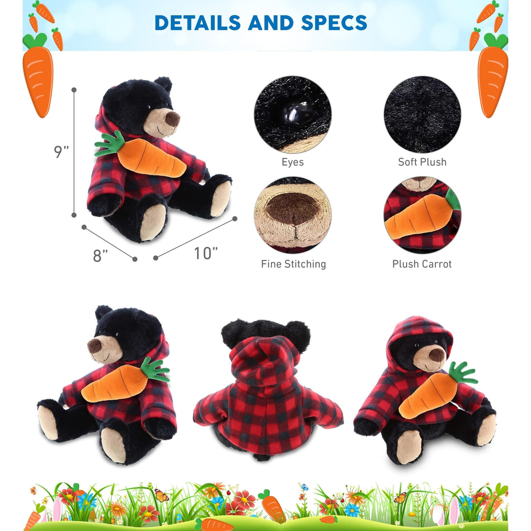 Happy Easter Plush Black Bear with Red Plaid Hoodie and Carrot 10