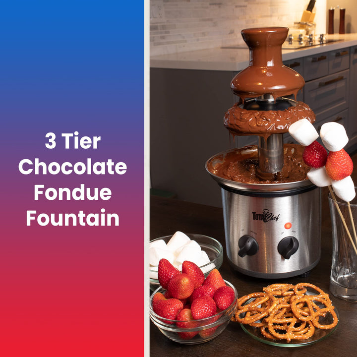 Total Chef 3 Tier Electric Chocolate Fondue Fountain Machine | Huge 1.5 Lbs Capacity | Adjustable Temperature | for Party Buffet Gathering | Dip Strawberries Apple Wedges and More | Stainless Still