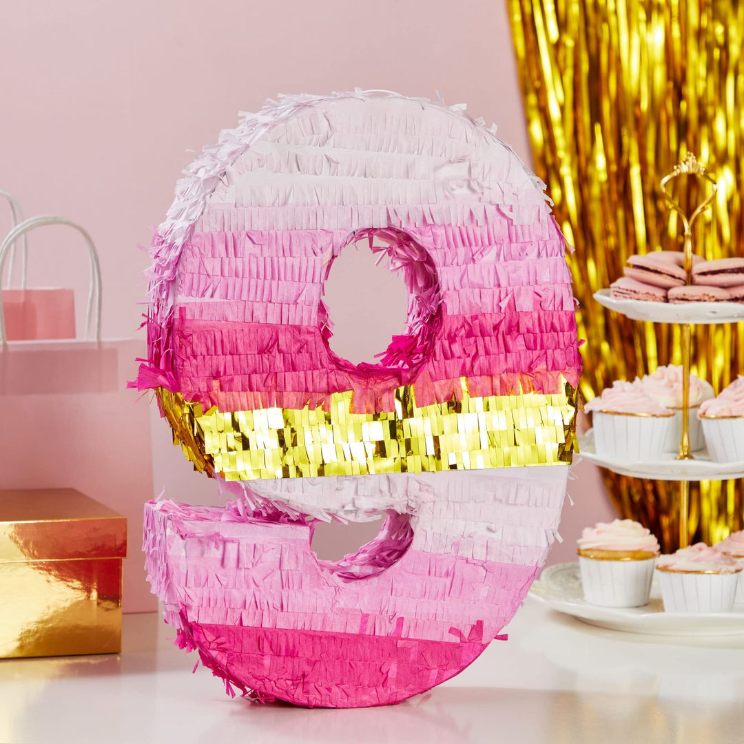 Small Pink and Gold Foil Number 9 Pinata for Kids 9th Birthday Party