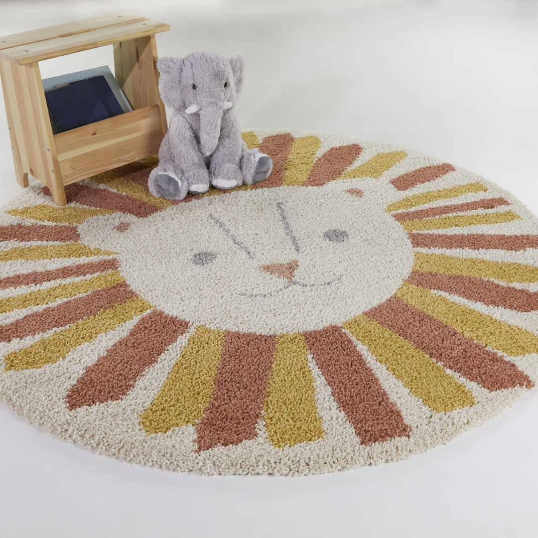 Kids Lion Shag Area Rug 5'3" Round Cream Orange Yellow Animal Novelty Tween Polypropylene Latex Free Pet Friendly Stain Resistant