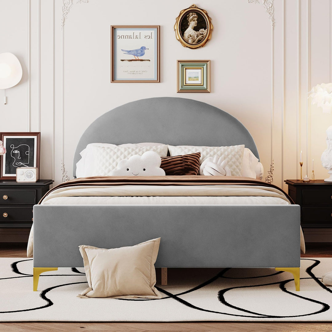 Full Size Kids Bed Frame W/Classic Semi-Circle Shaped Headboard Metal Legs Velvet Upholstered Platform Gray Grey Modern Contemporary Urban Unisex Nature Space