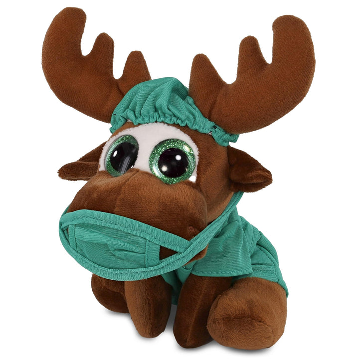 Small Moose Sparkle Eyes Doctor Plush W/Scrub Uniform and Cap 6 Inches Brown Green Polyester