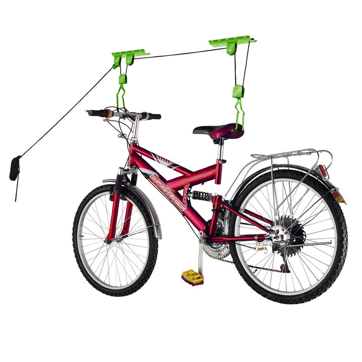 Bike Hanger - Overhead Pulley System with 100lbs Capacity for Bicycles and Ladders - Secure Garage Ceiling Storage by Rad Sportz, Green