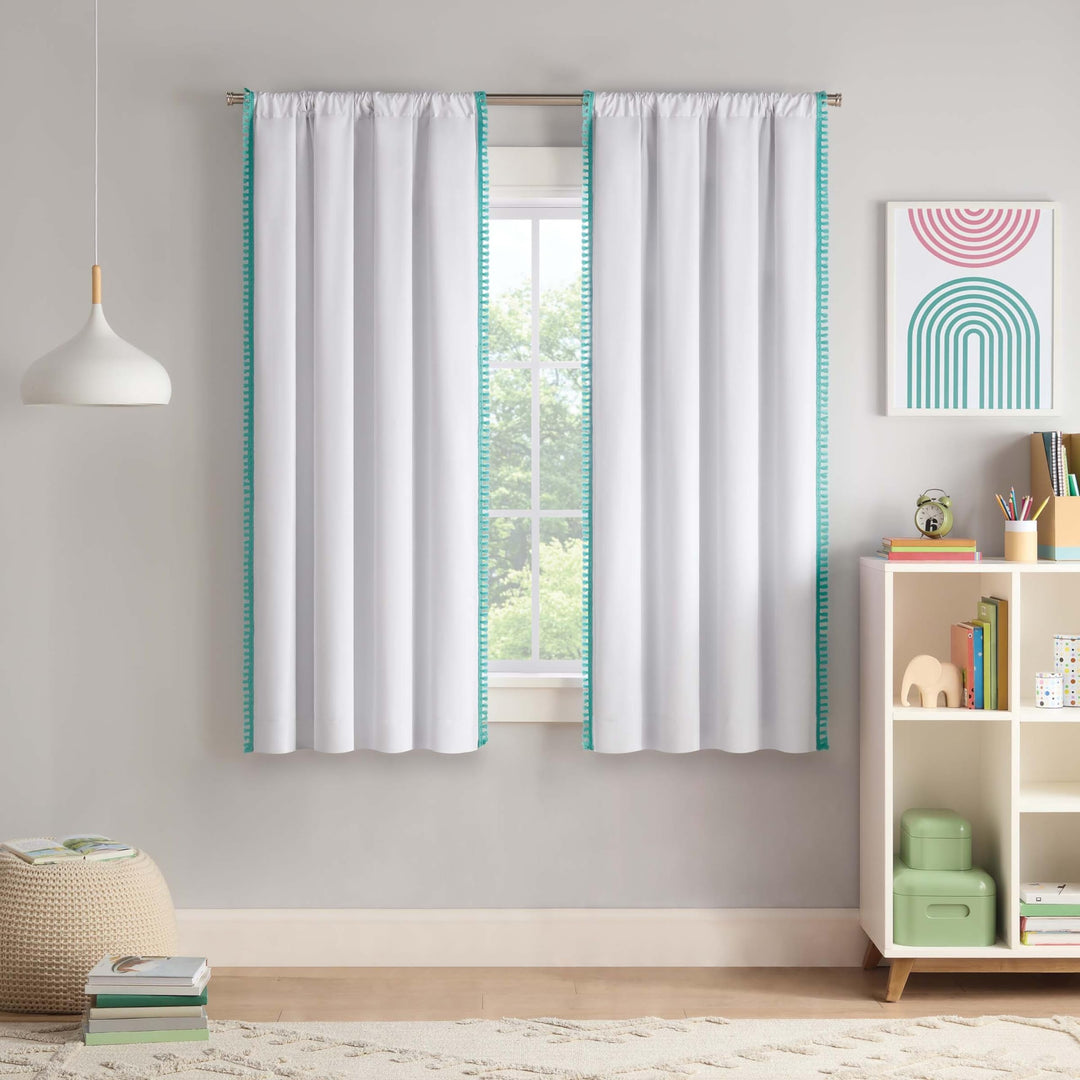 Eclipse Blackout Curtain, Kids Curtain with Tassel Border, 63 in x 40 in, Thermaback 100% Blackout Curtain with Rod Pocket Header, Curtain for Kids Room or Playroom, 1 Window Curtain, White/Teal