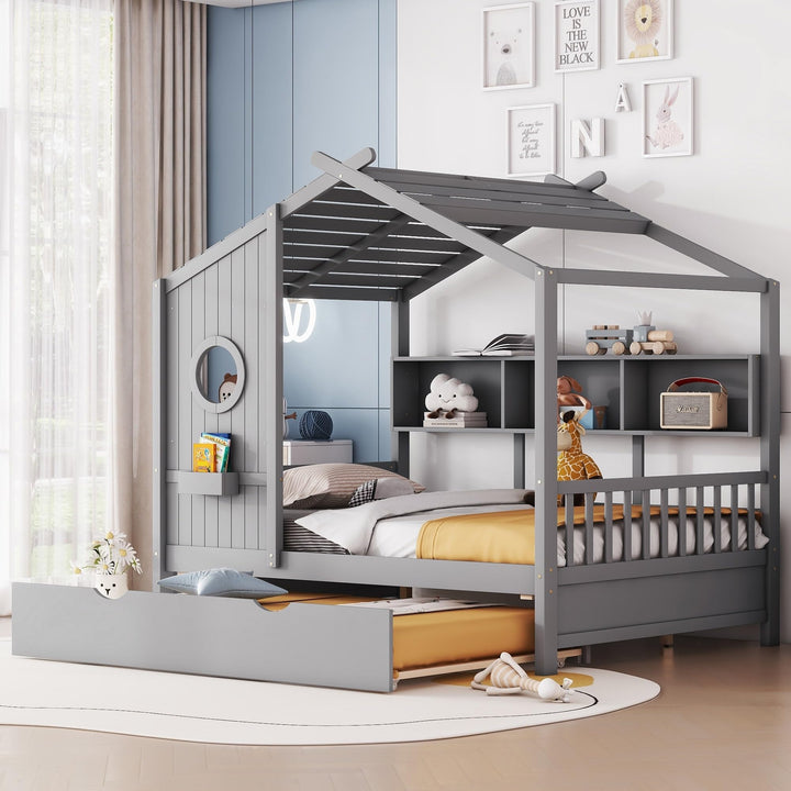 Full Size Wooden House Bed with Trundle and Storage for Kids Grey Modern Contemporary Wood Includes Hardware