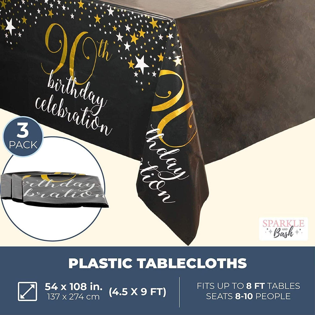 90th Birthday Party Decorations Plastic Tablecloth (54 X in 3-Pack) Black Design Rectangle Vinyl