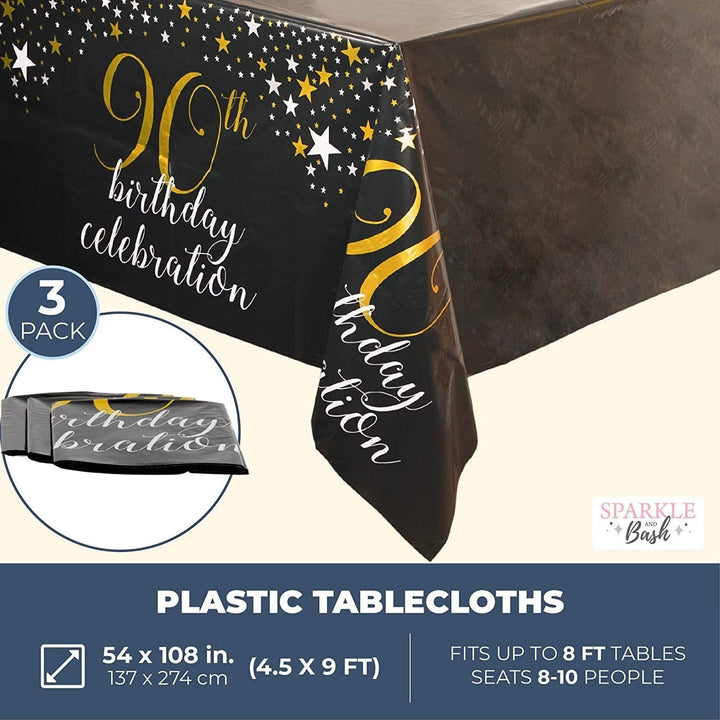 90th Birthday Party Decorations Plastic Tablecloth (54 X in 3-Pack) Black Design Rectangle Vinyl