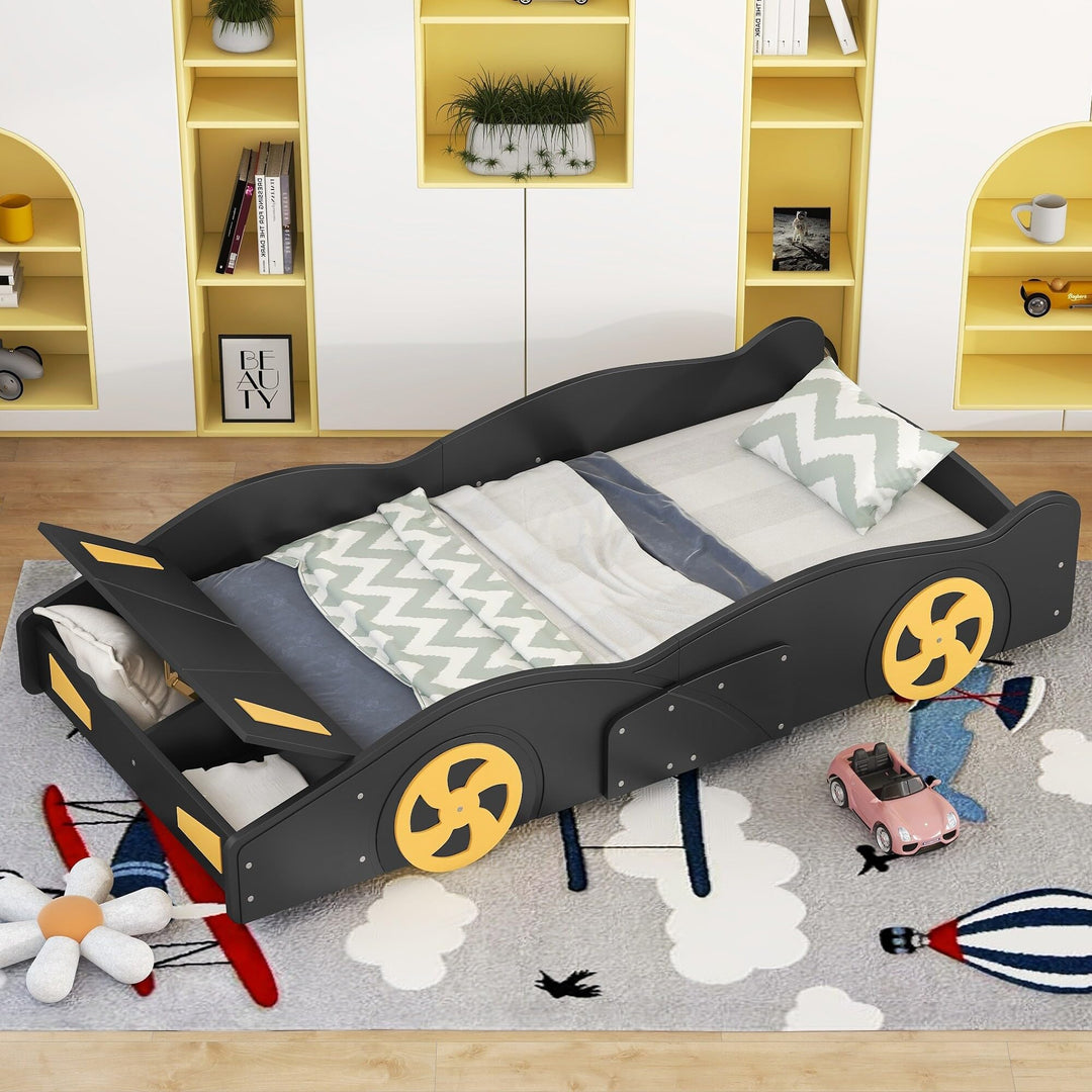 Twin Size Race Car-Shaped Platform Bed with Wheels and Storage