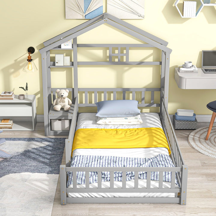 Twin Size Pine Wood Kids House-Shaped Floor Bed Frame with Fence Guardrails No Box Spring Needed Gray Grey Modern Contemporary Unisex Nature Natural Finish Hidden Storage Includes Hardware