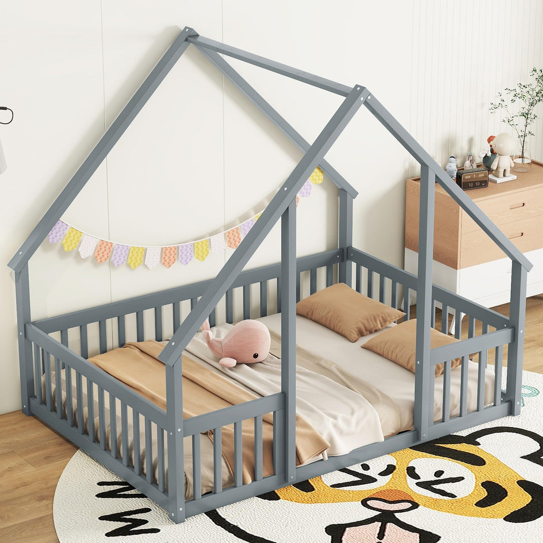 Full Size Pine Wood House-Shaped Floor Bed Frame with Fence Guardrails