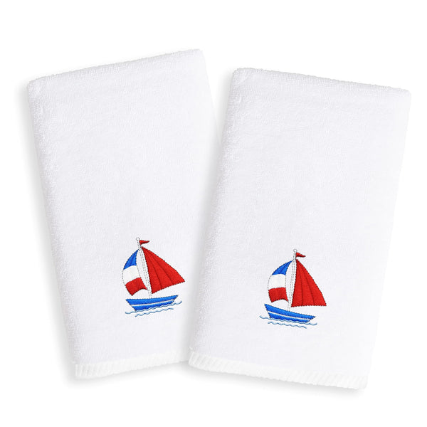 Authentic Hotel and Spa Sweet Kids Sailboat Embroidered White Turkish Cotton Hand Towels (Set of 2)