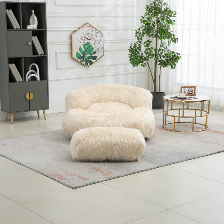 Beige Bean Bag Chair Lazy Sofa Floor Plush Comfy Recliners Solid Mid-Century Modern Leather Padded Seat