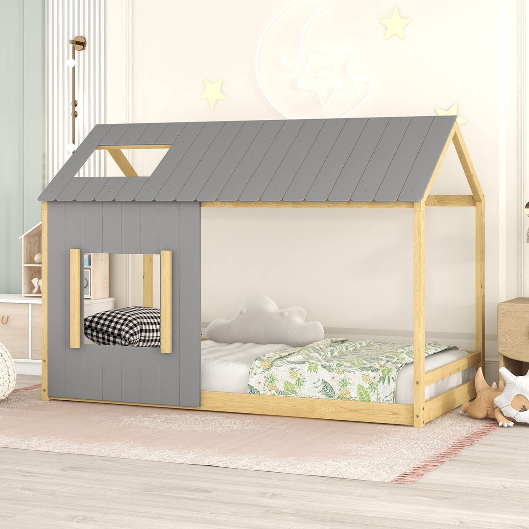 Twin Size Wood House Bed with Roof and Window Floor Frame for Kids