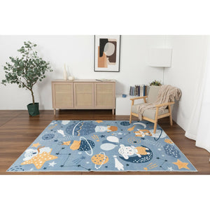 Kids Collection Stars Planets Cheerful Animals Navy Rug 5'x'7' 5" X 7" Blue Animal Graphic Tween Patterned Rectangle Cotton Polyester Rubber Latex Free Washable