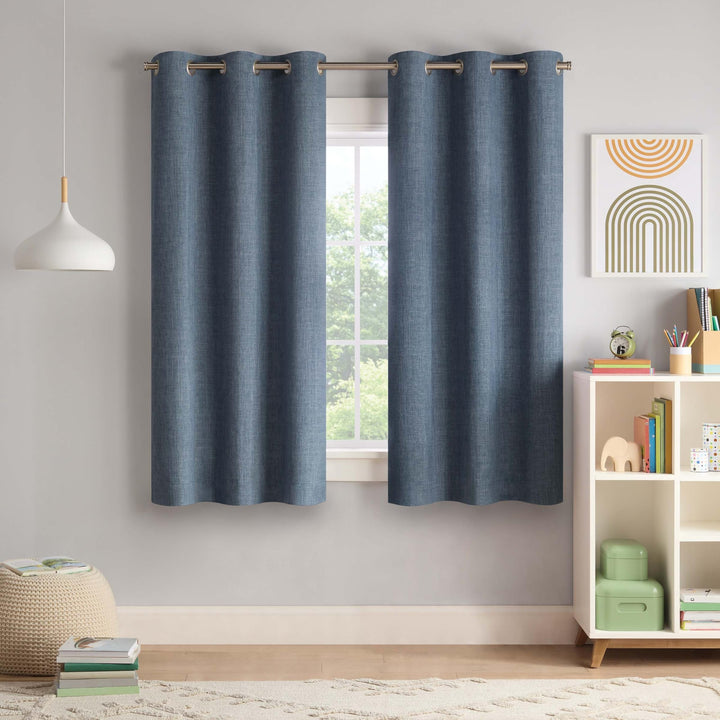 Eclipse Kids Blackout Curtains, Chambray Solid 100% Blackout Curtains with Metal Grommets, 63 in x 40 in, Thermaback Curtains for Kids Room or Playroom, 1 Window Curtain, Navy