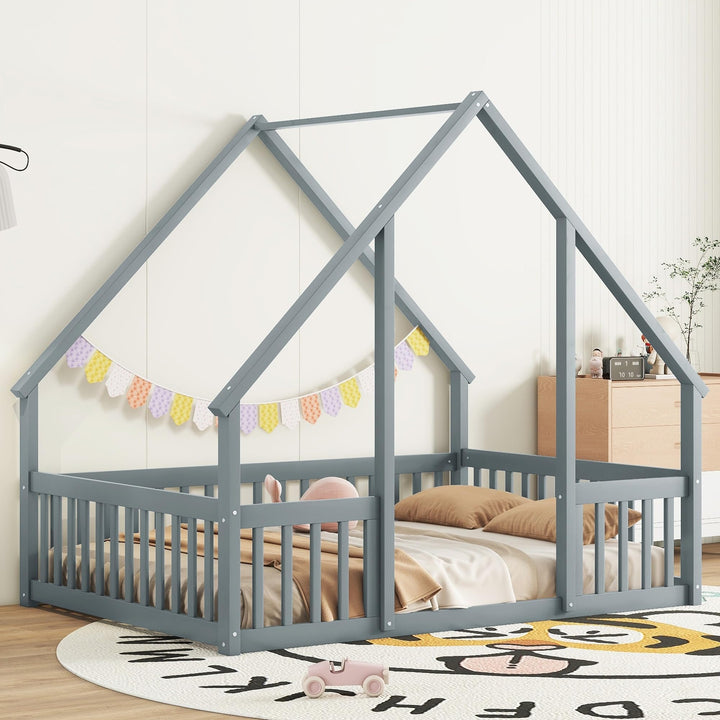 Full Size Pine Wood House-Shaped Floor Bed Frame with Fence Guardrails for Kids Girls Boys No Need Spring Box Grey Modern Contemporary Unisex Nature Natural Finish